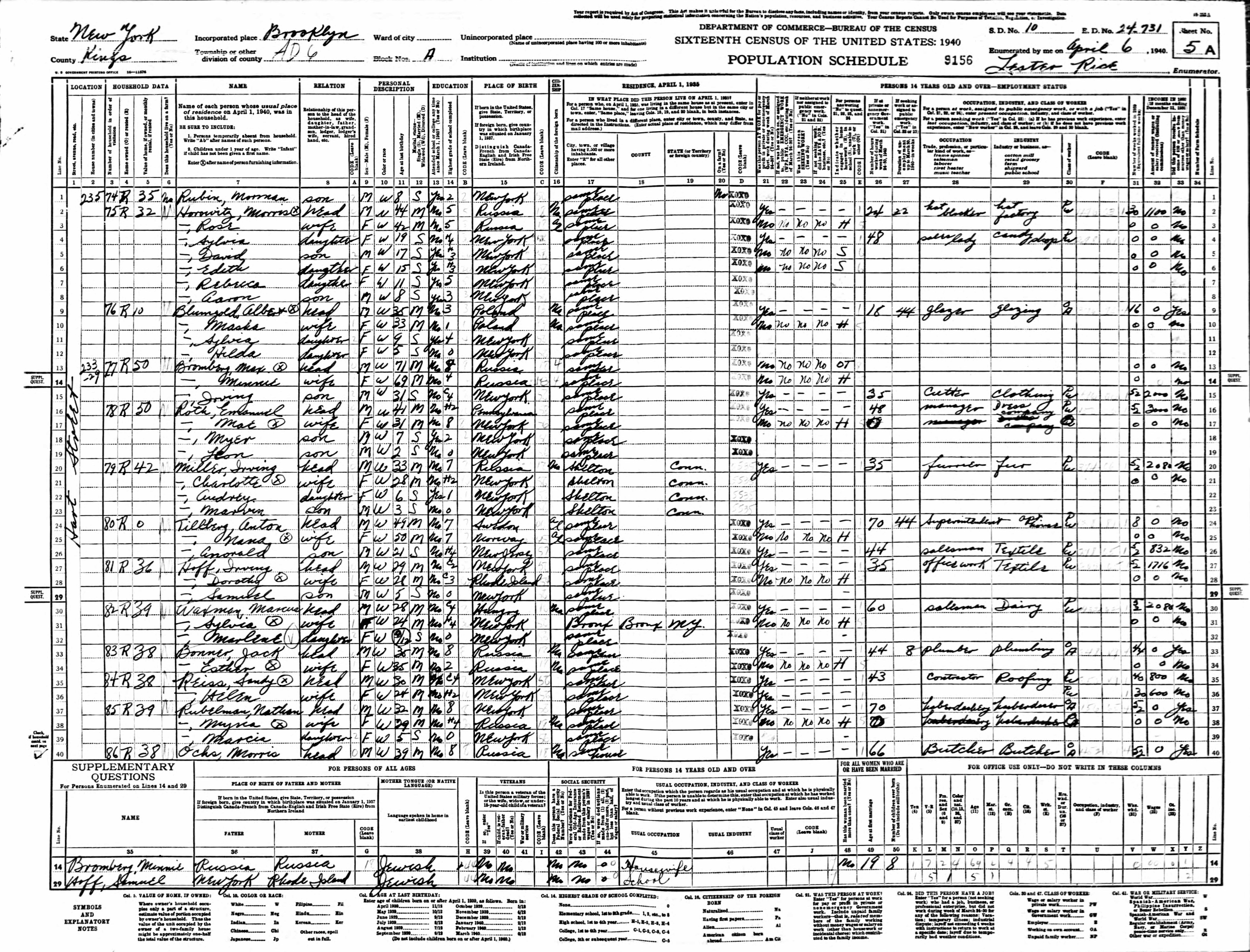 1940 Census Morris Horowitz and family